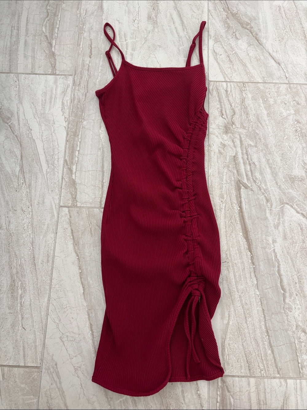 SHEIN Burgundy Ruched Ribbed Spaghetti Strap Mini Dress